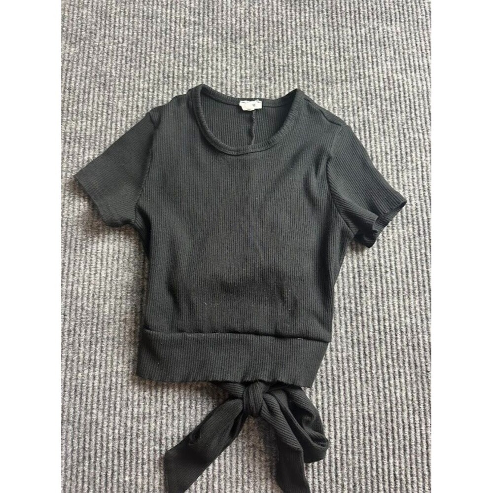 Garage Women's Black Tie Front Cropped T-Shirt Ribbed Knit Y2K Streetwear Size M